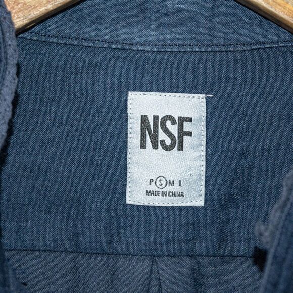 NSF bib Ruffle front Denim Button up Shirt in blue Size Small - Picture 2 of 7